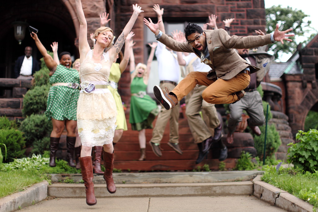 A wedding party jumping shot